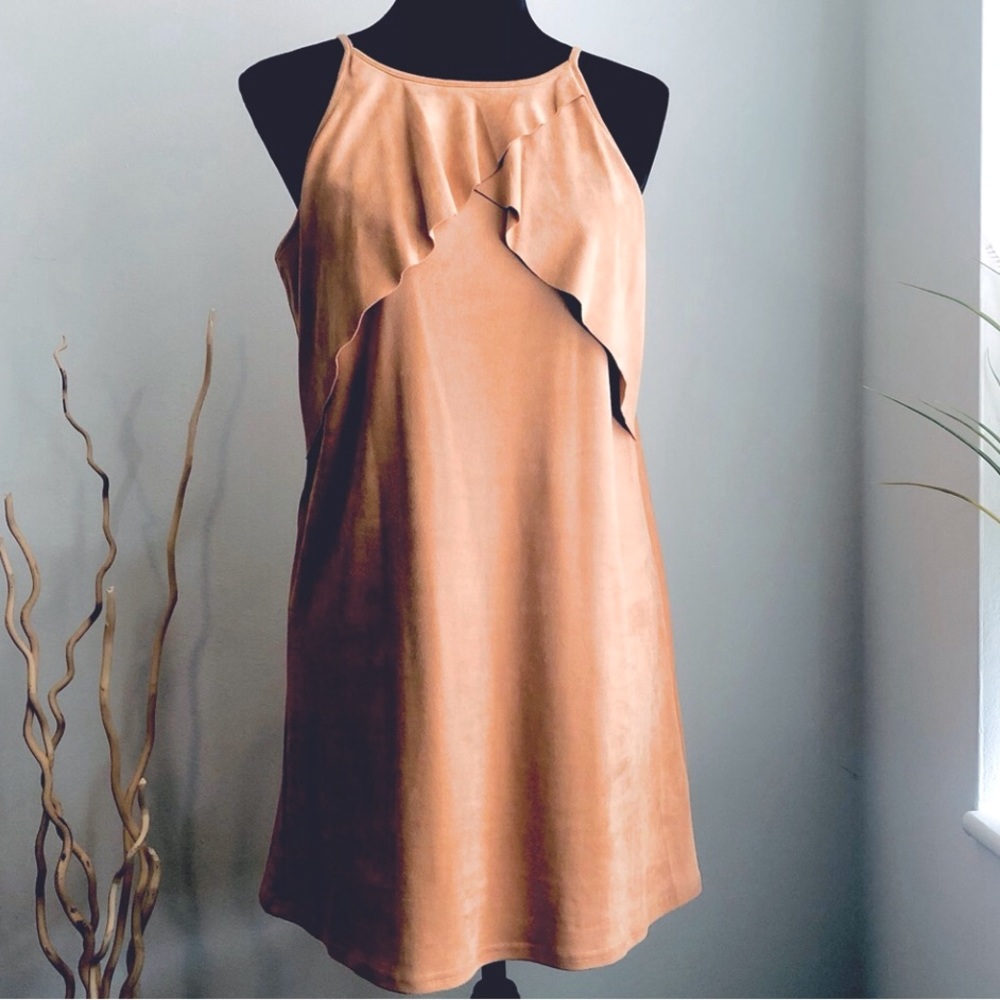 Black Swan Tan Ruffle Faux Suede Mini Dress NWT